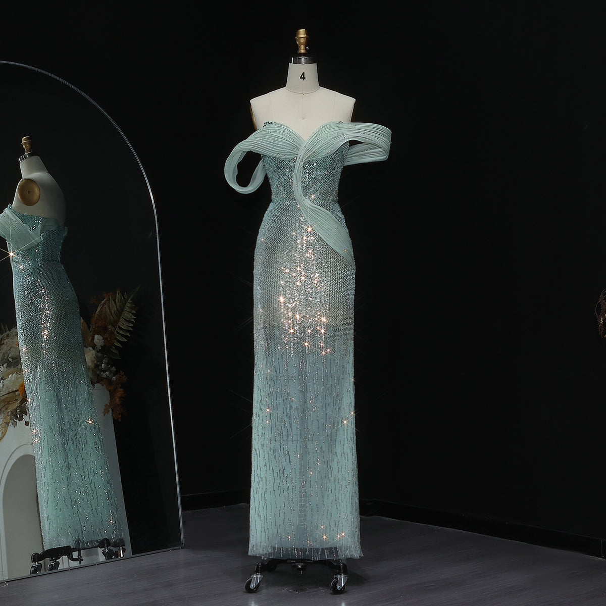 Luxury Beaded Mint Green Off Shoulder Evening Dress SS523
