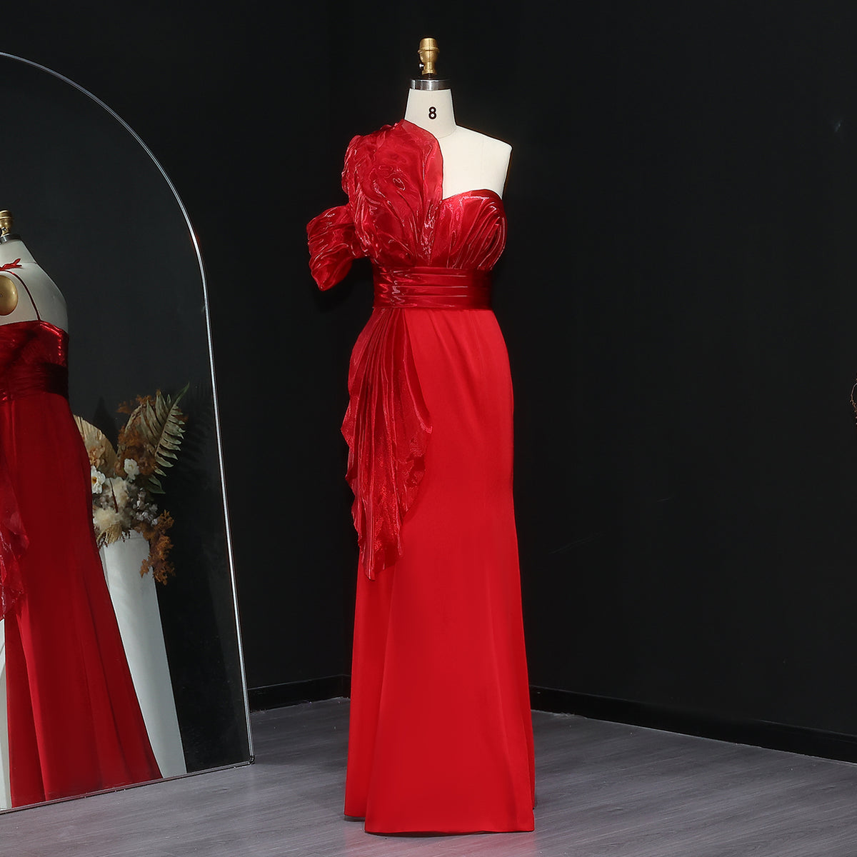 Luxury Red One Shoulder Pleated Evening Dress SF190