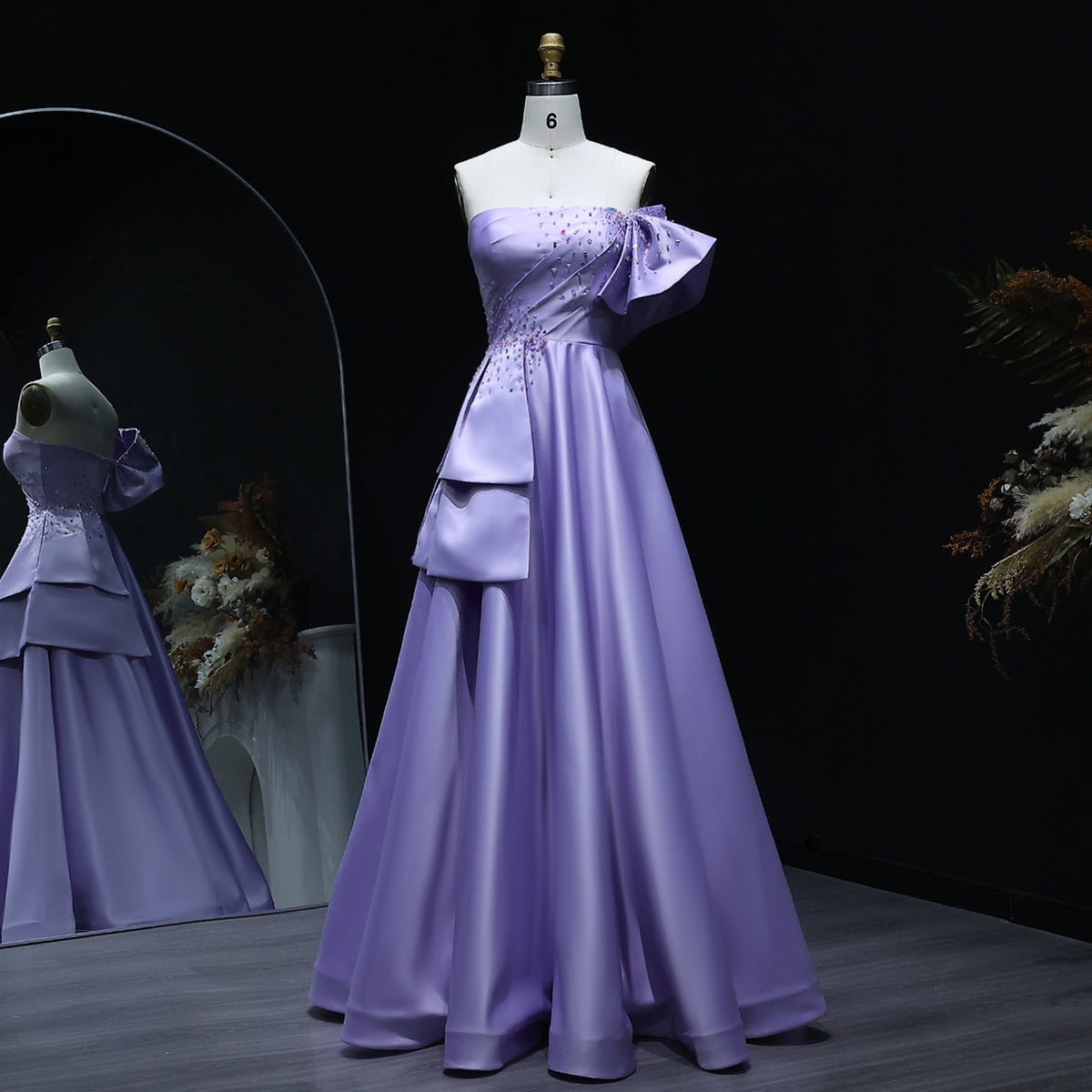Elegant Crystal Lavender A-Line Pleats Satin Evening Dress SS592