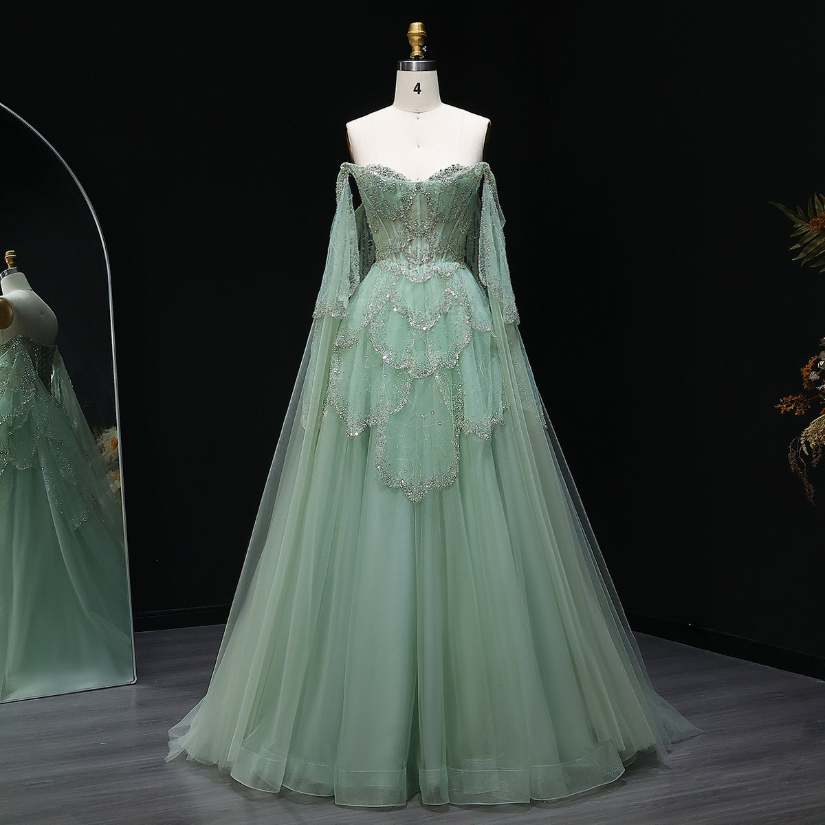 Gorgeous Beaded Sage Green Evening Dress with Cape Sleeves SS215