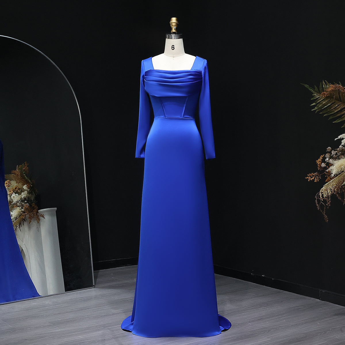 Elegant Royal Blue Square Neck Long Sleeve Evening Dress SF564