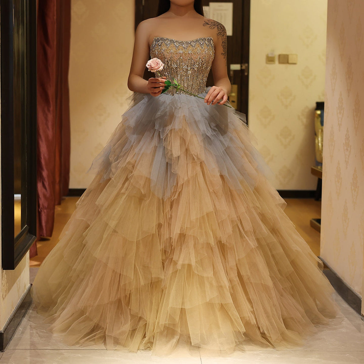 Luxury Beaded Rose Gold Blue Ruffles Princess Ball Gown Evening Dress SS531