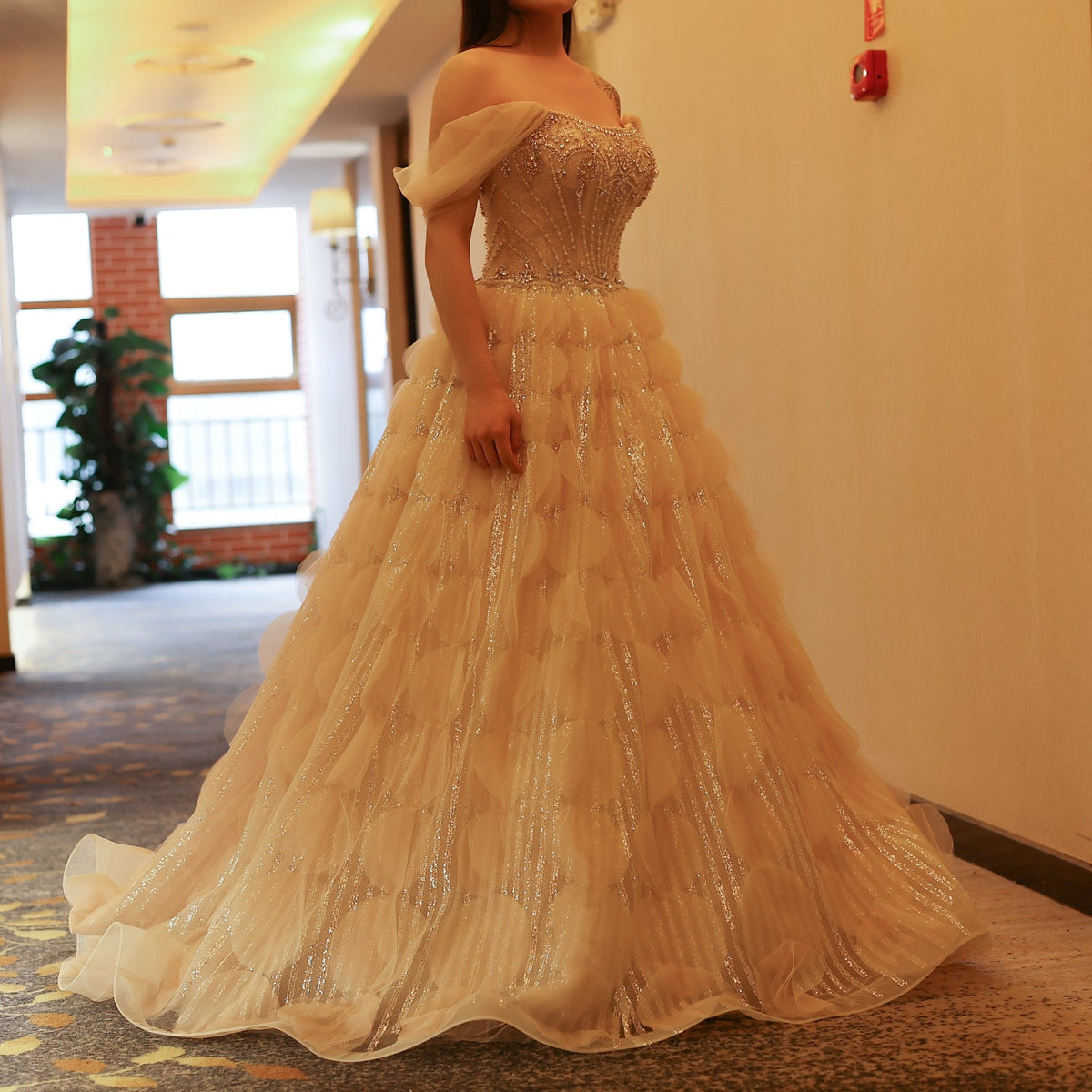 Luxury Crystal Blush Pink Off Shoulder Ruffles Evening Dress SS533