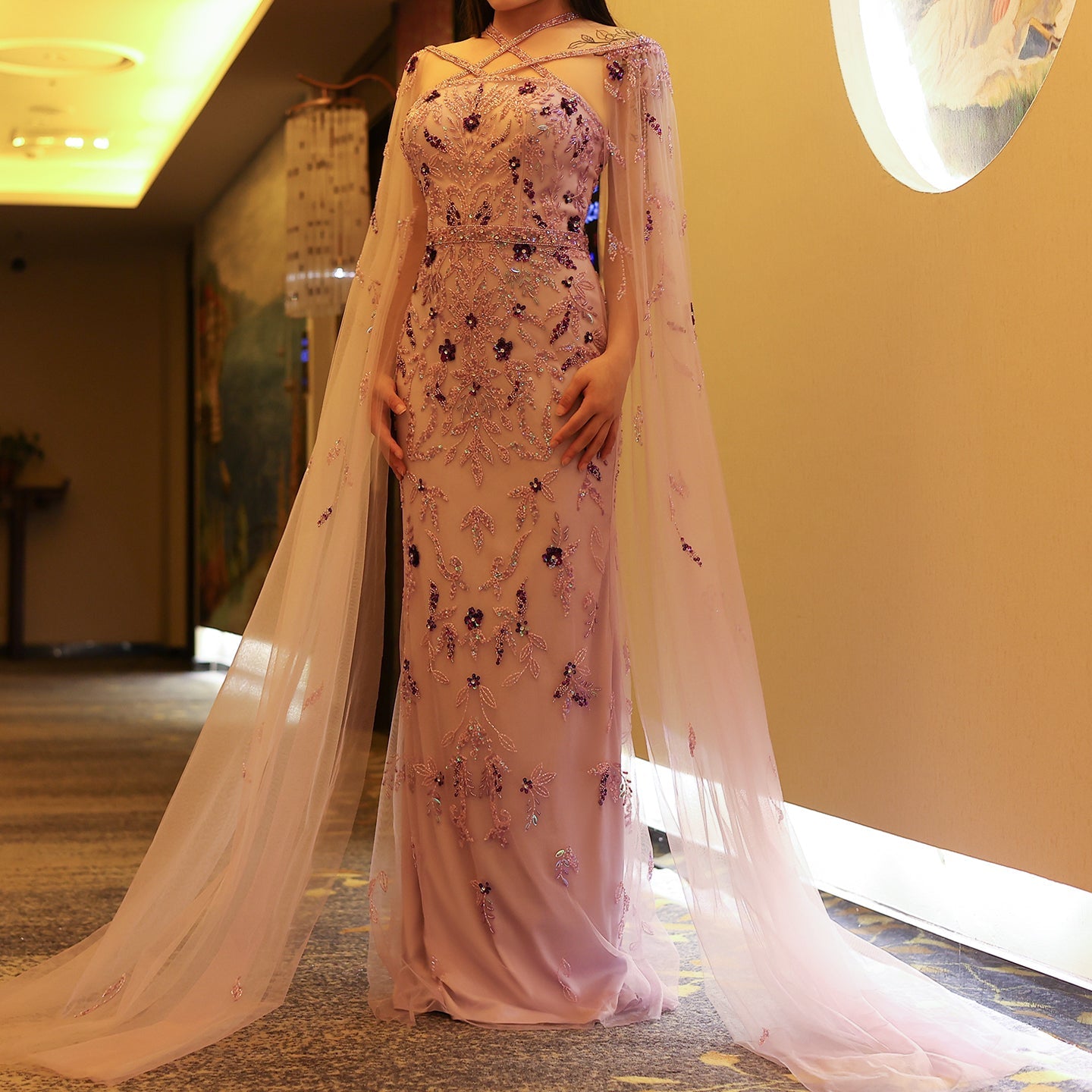 Luxury Lilac Criss Cross Evening Dress with Cape Sleeves