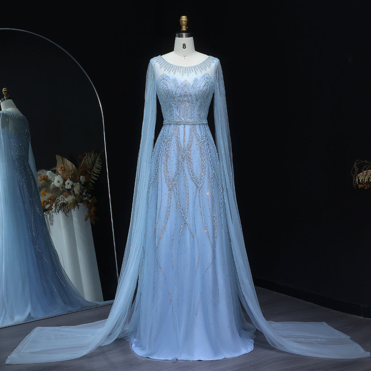 Stunning Beaded Blue Scoop Neck Evening Dress with Cape Sleeve SS032