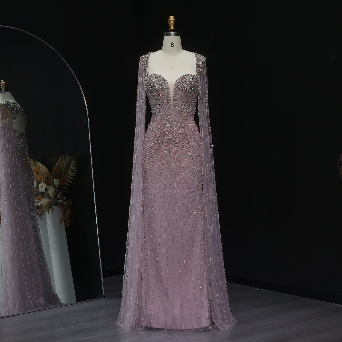 Luxury Beaded Pink Evening Dress with Cape Sleeves SS194