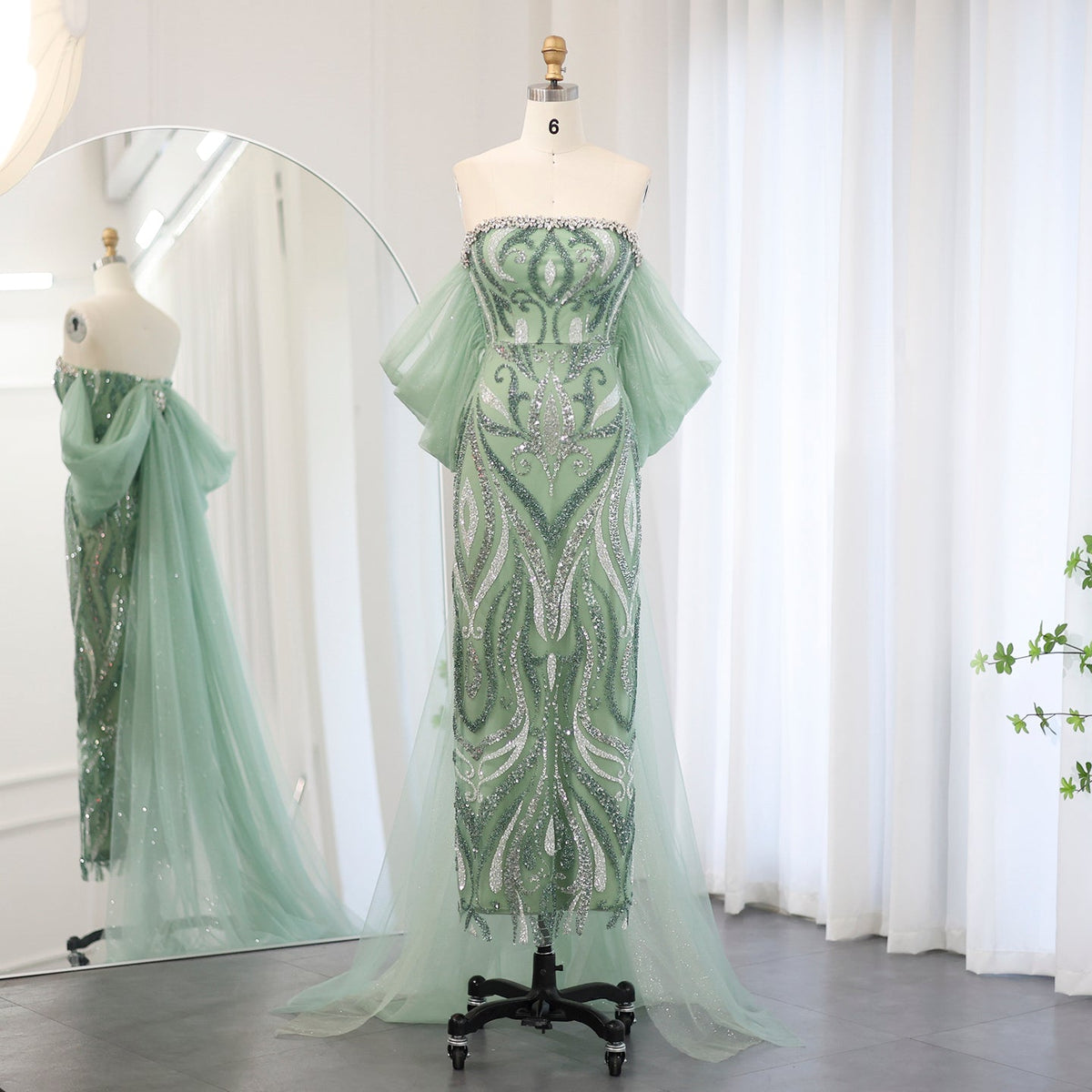 Elegant Crystal Sage Green Evening Dresses with Cape Sleeves SS345