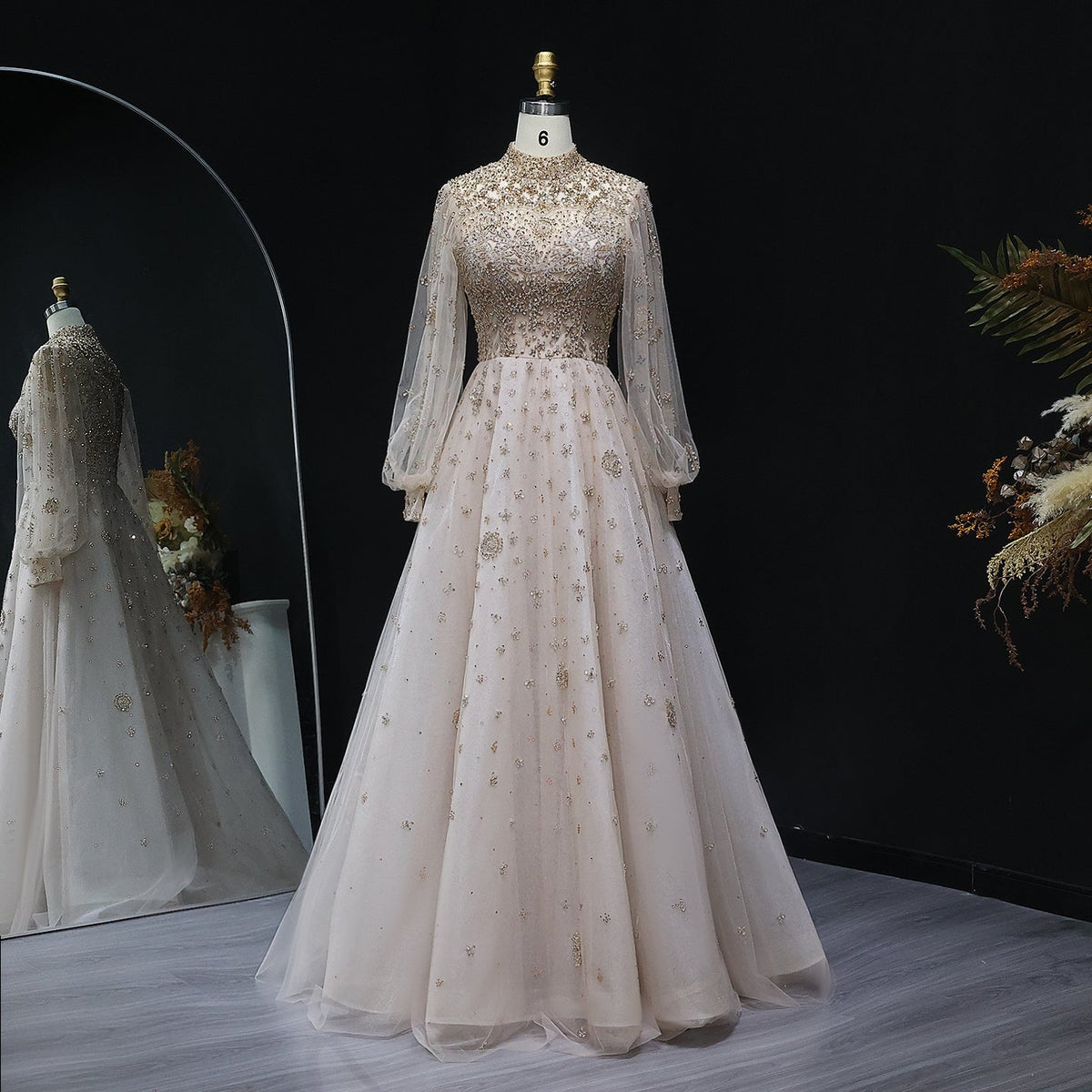 Elegant Champagne Evening Dress with Long Sleeves SS223