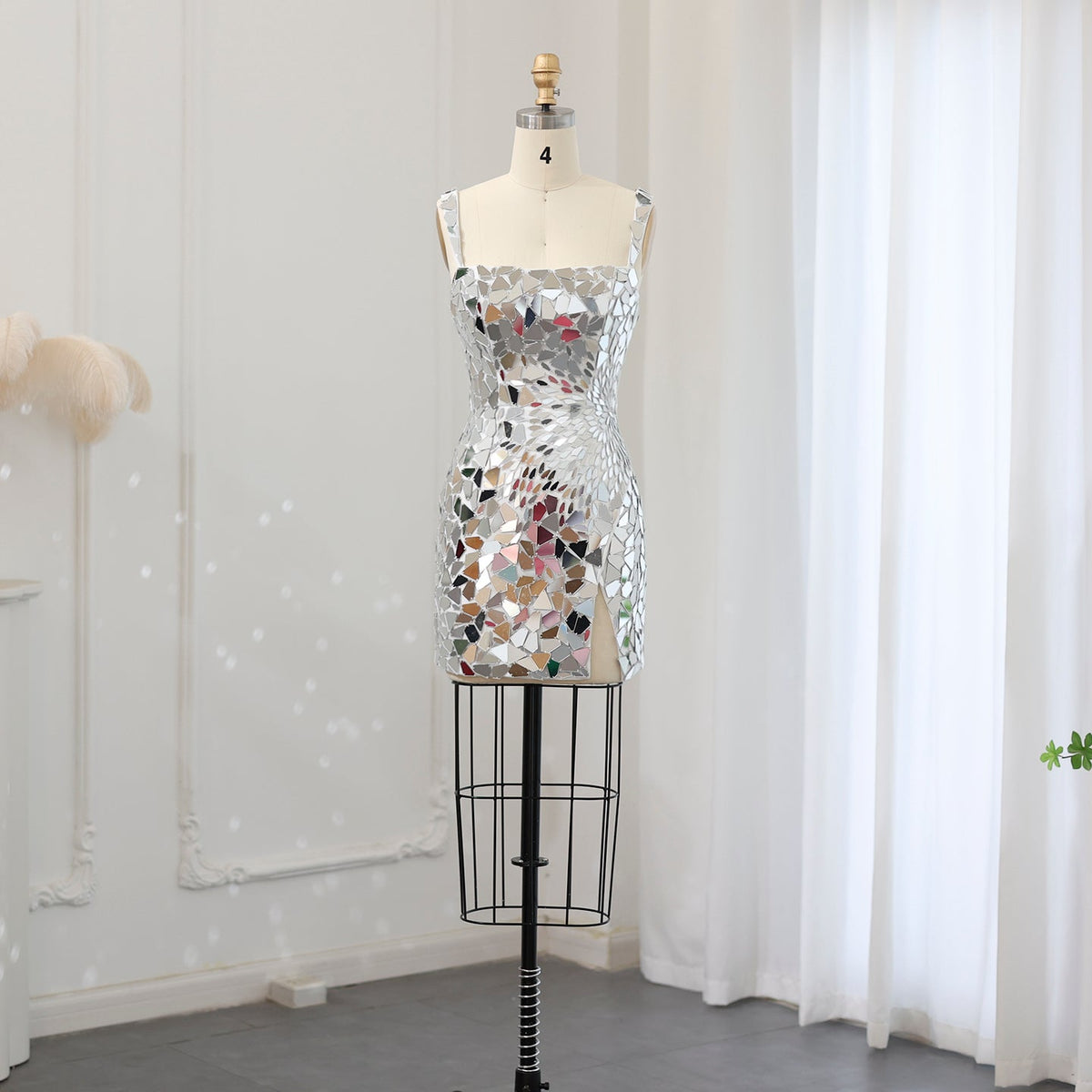 Sparkly Silver Sequare Neck Sequin Mini Cocktail Prom Dress SS007