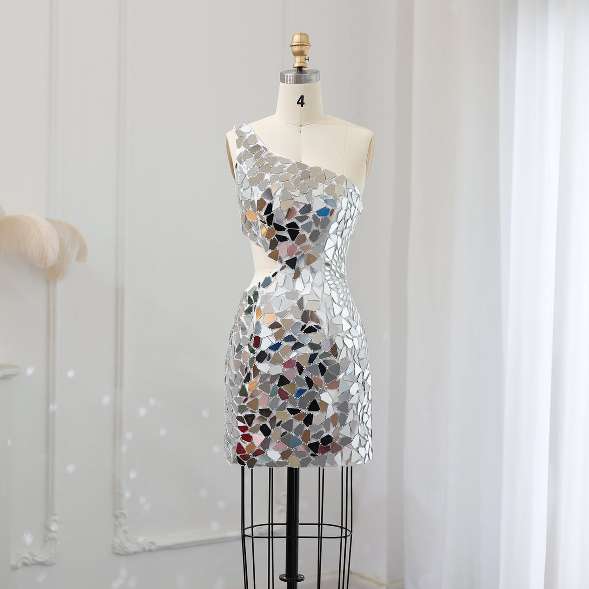 Luxury Silver One Shoulder Mini Sequined Cocktail Prom Dresses SS011