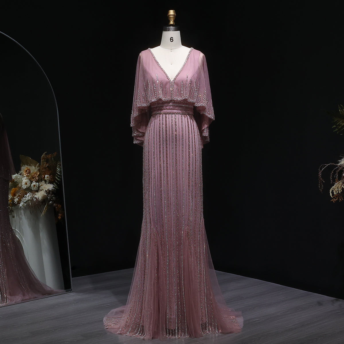 Luxury Beaded Pink V-Neck Mermaid Evening Dresses with Cape SS284