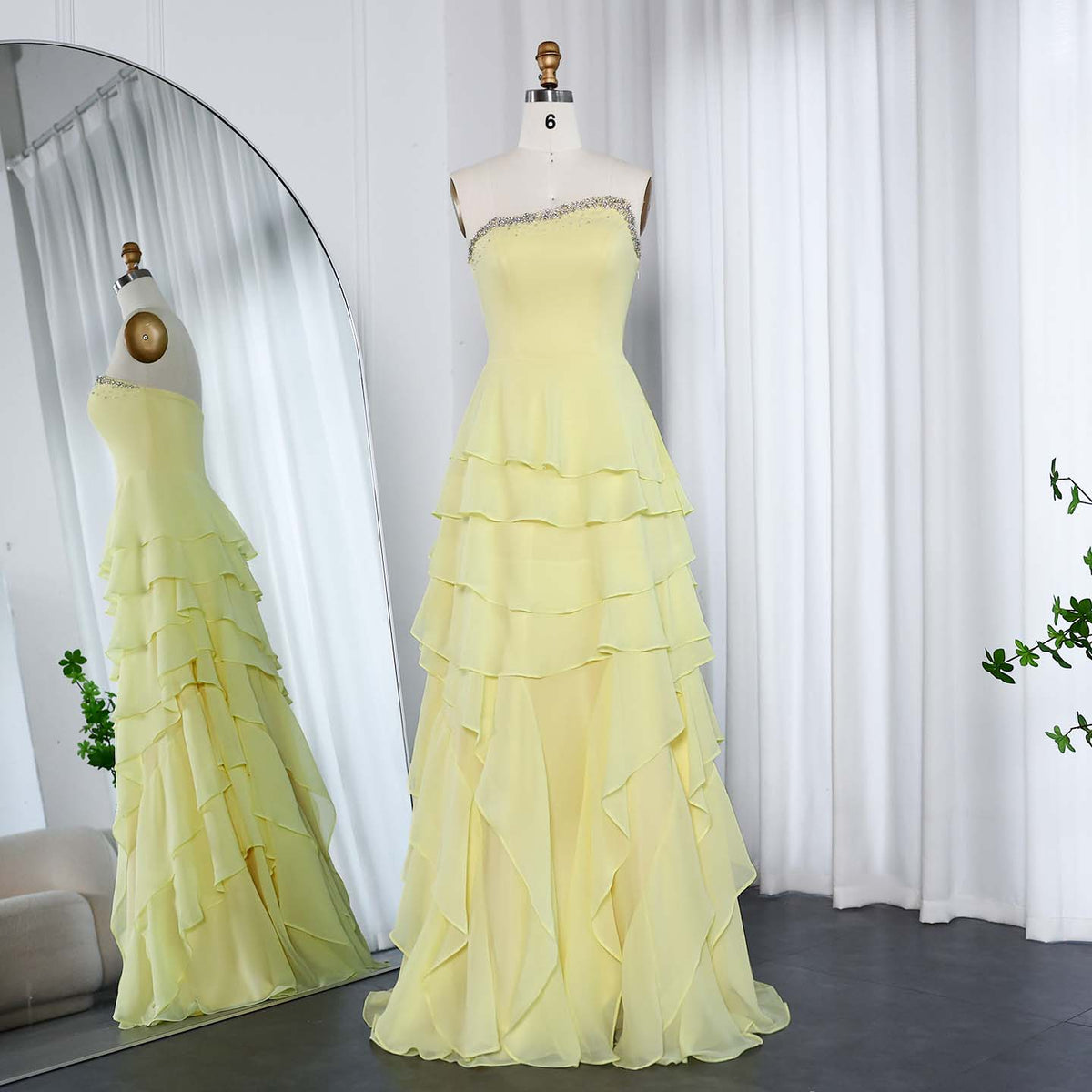 Elegant Yellow Strapless Ruffles Evening Dress SF256