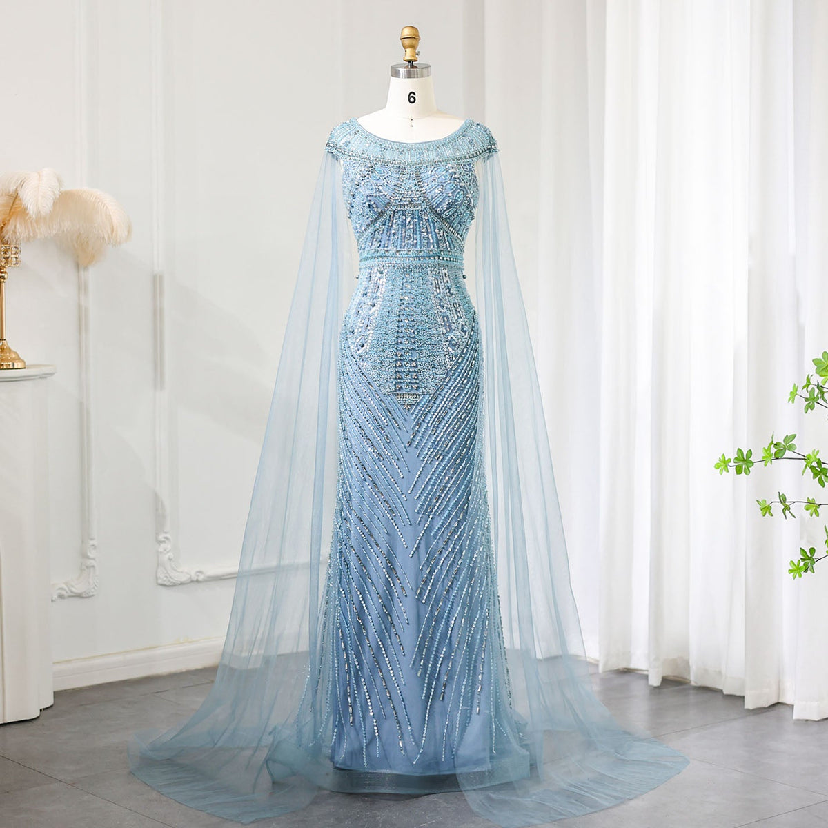 Luxury Beaded Blue Evening Dress with Cape Sleeves SS195