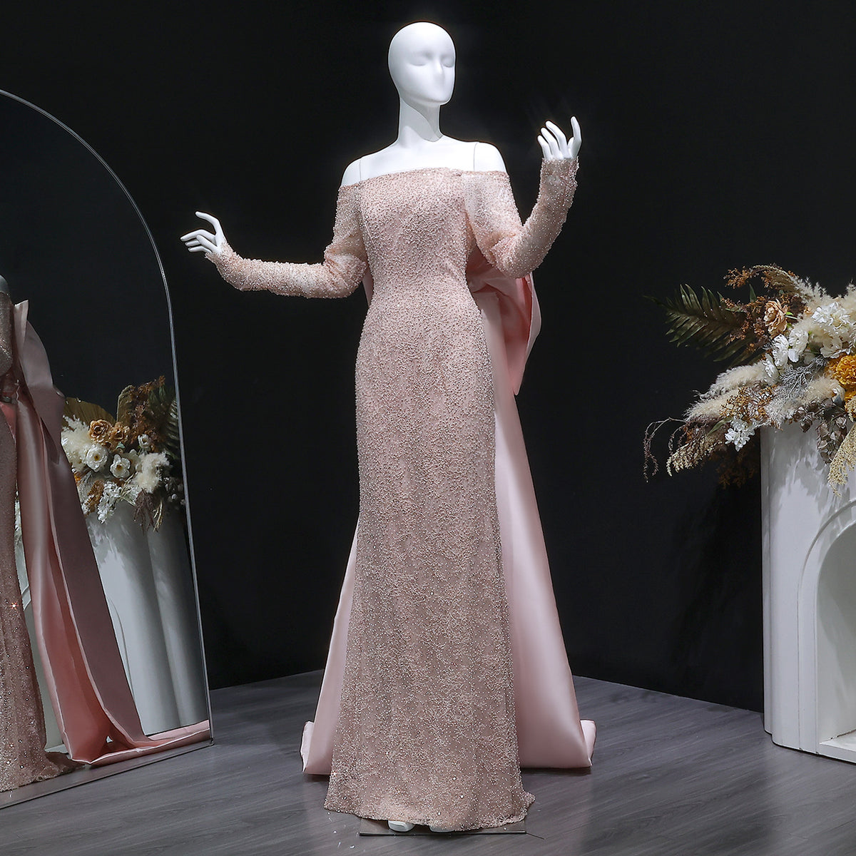 sequin lace cape dress Luxury Light Pink Sequin Lace Print Evening Dress with Cape SF428 Sharon Said