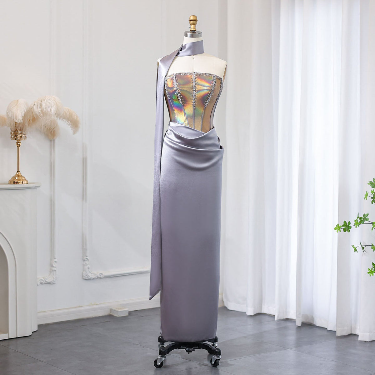 Elegant Beaded Strapless Gray Evening Dress with Scarf SS504