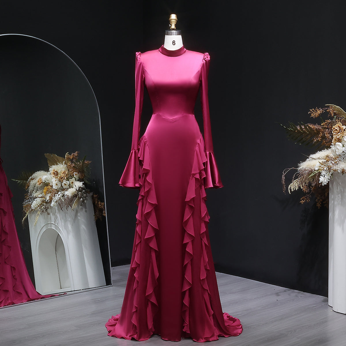Luxury Wine Red Ruffled Long Sleeve Evening Dress with Overskirt SF054