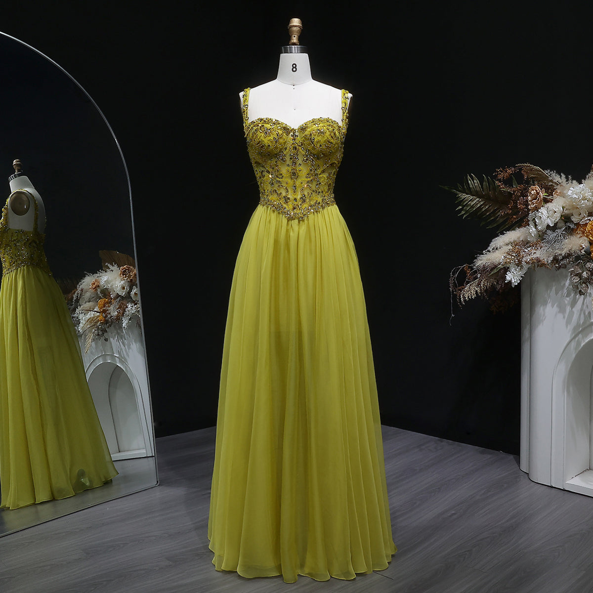 Glamorous Yellow Sweetheart Neck Crystal Sequin A-Line Evening Dress SF412