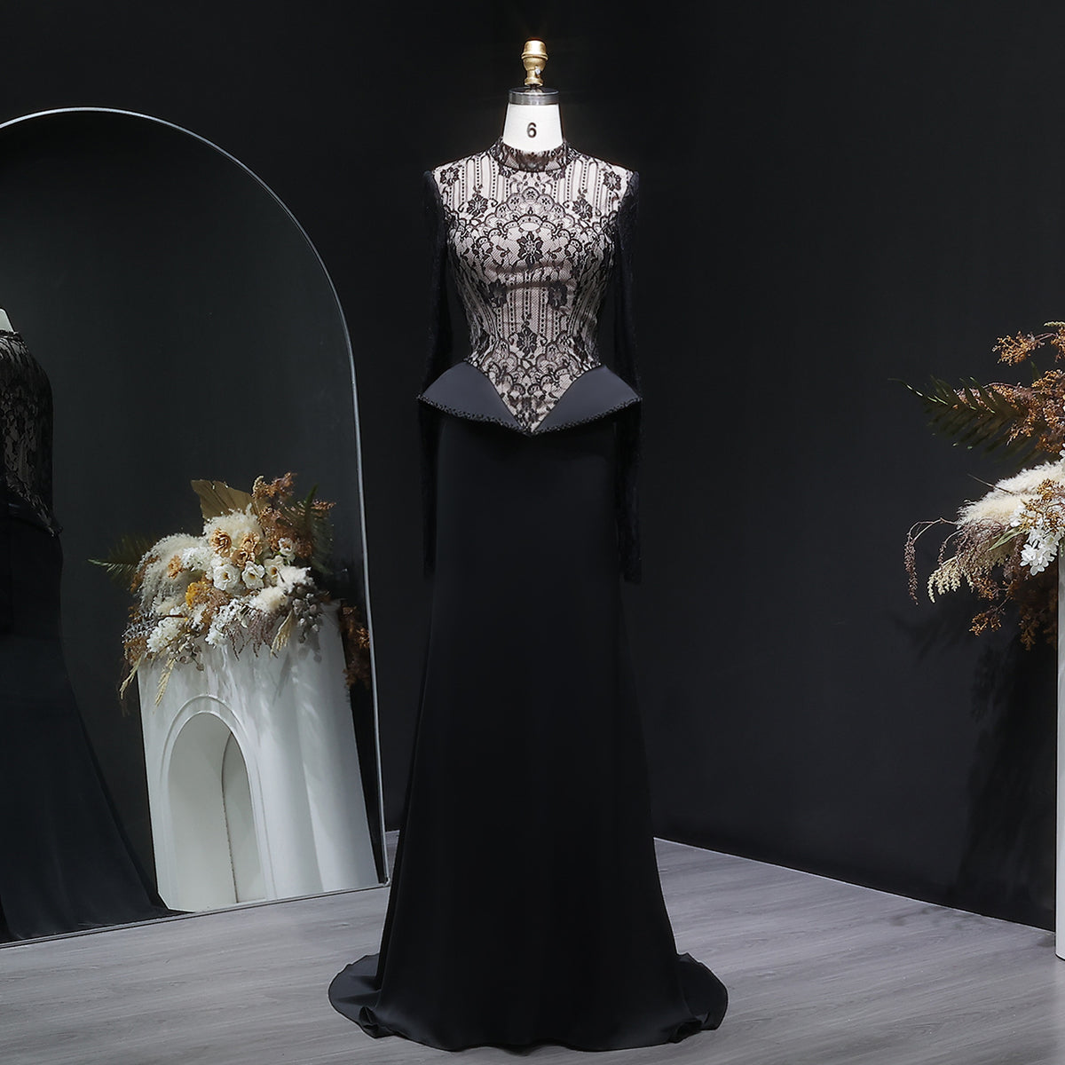 Elegant Black Crystal Lace Paneled Evening Dress SF072