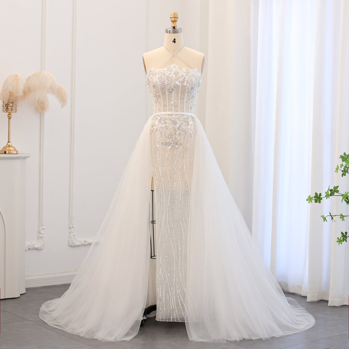Luxury Halter White Sheath Evening Dress with Detachable Overskirt SS524
