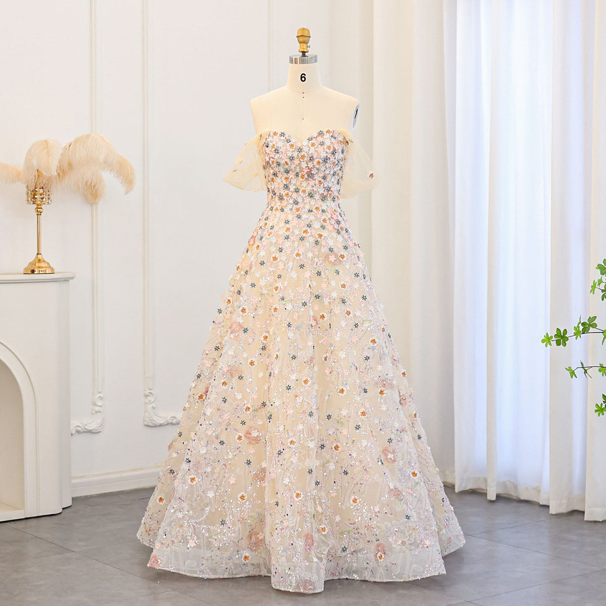 Luxury 3D Flowers Champagne A-Line Evening Dress SS505