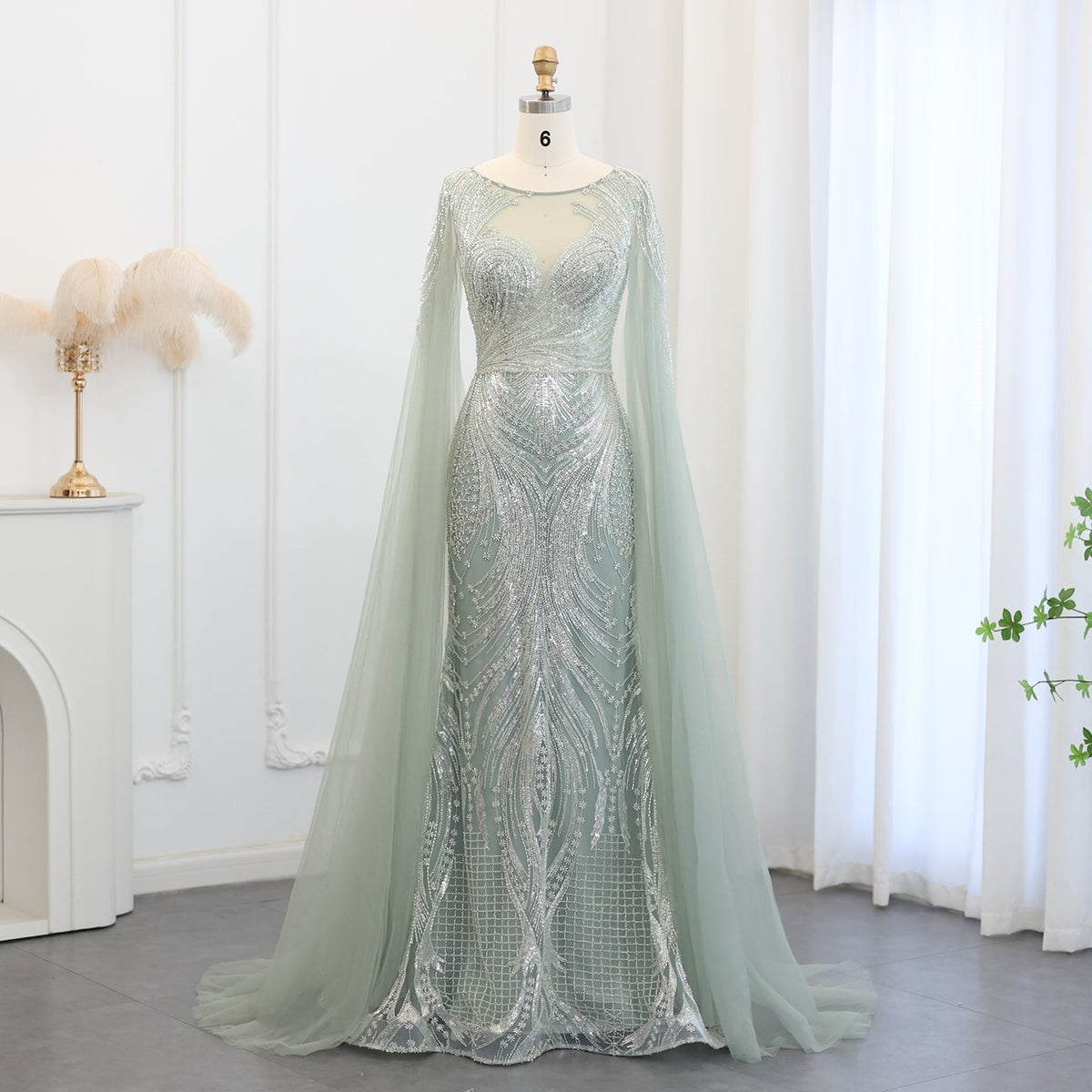 Luxury Sage Green Mermaid Evening Dress with Cape Sleeves SS049