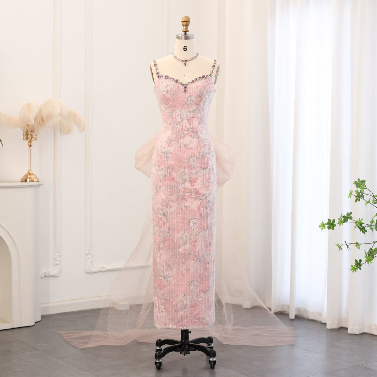 Elegant Crystal Pink Velvet Mermaid Bow Evening Dress SS516