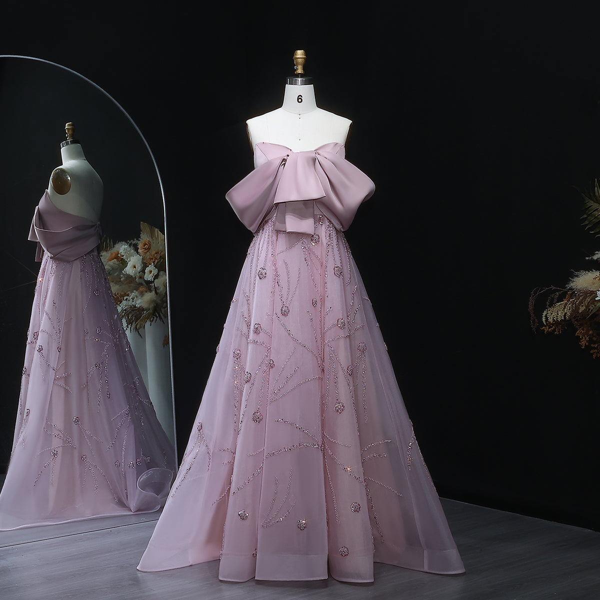 Luxury Blush Pink Bow Sequin Ball Gown Evening Dress XD051
