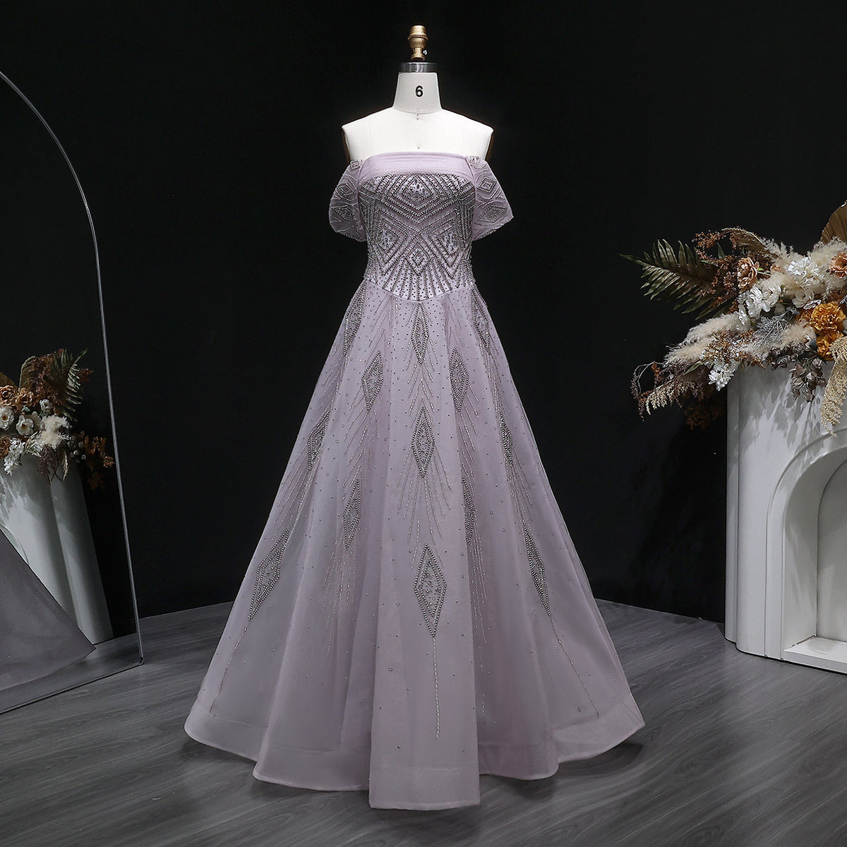 Glamorous Pink Off-the-Shoulder A-Line Evening Dress with Geometric Beading SS324