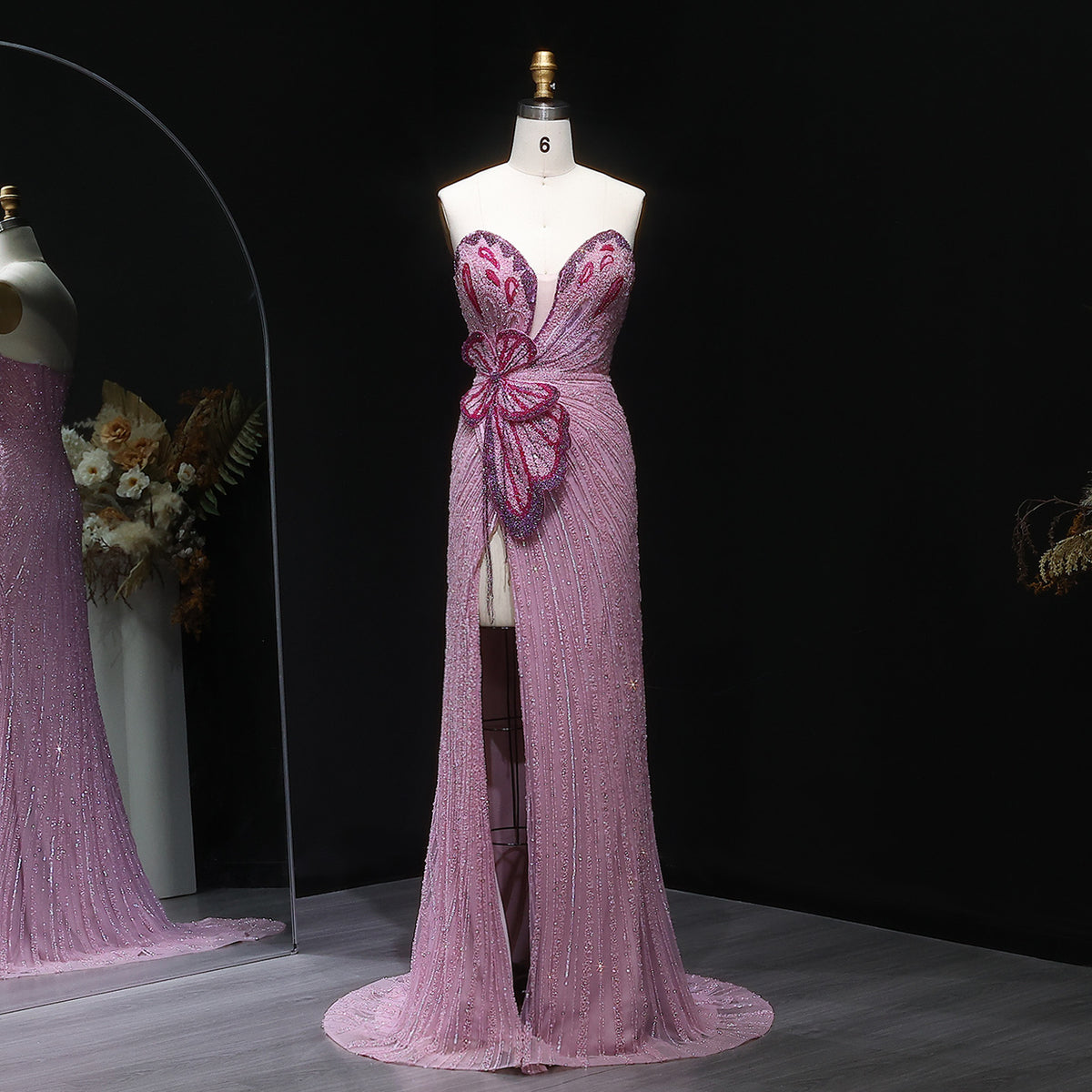 Stunning Beaded Pink Mermaid Evening Dress with Slit SS267