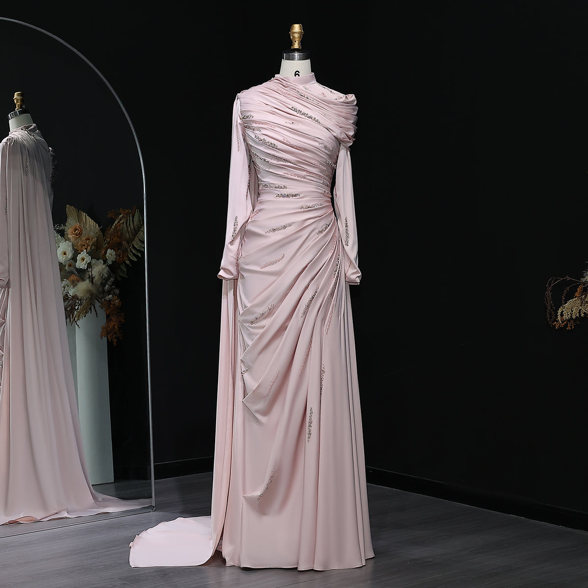 Elegant Pink Mermaid Beaded Evening Dress with cap and ruffles SS412