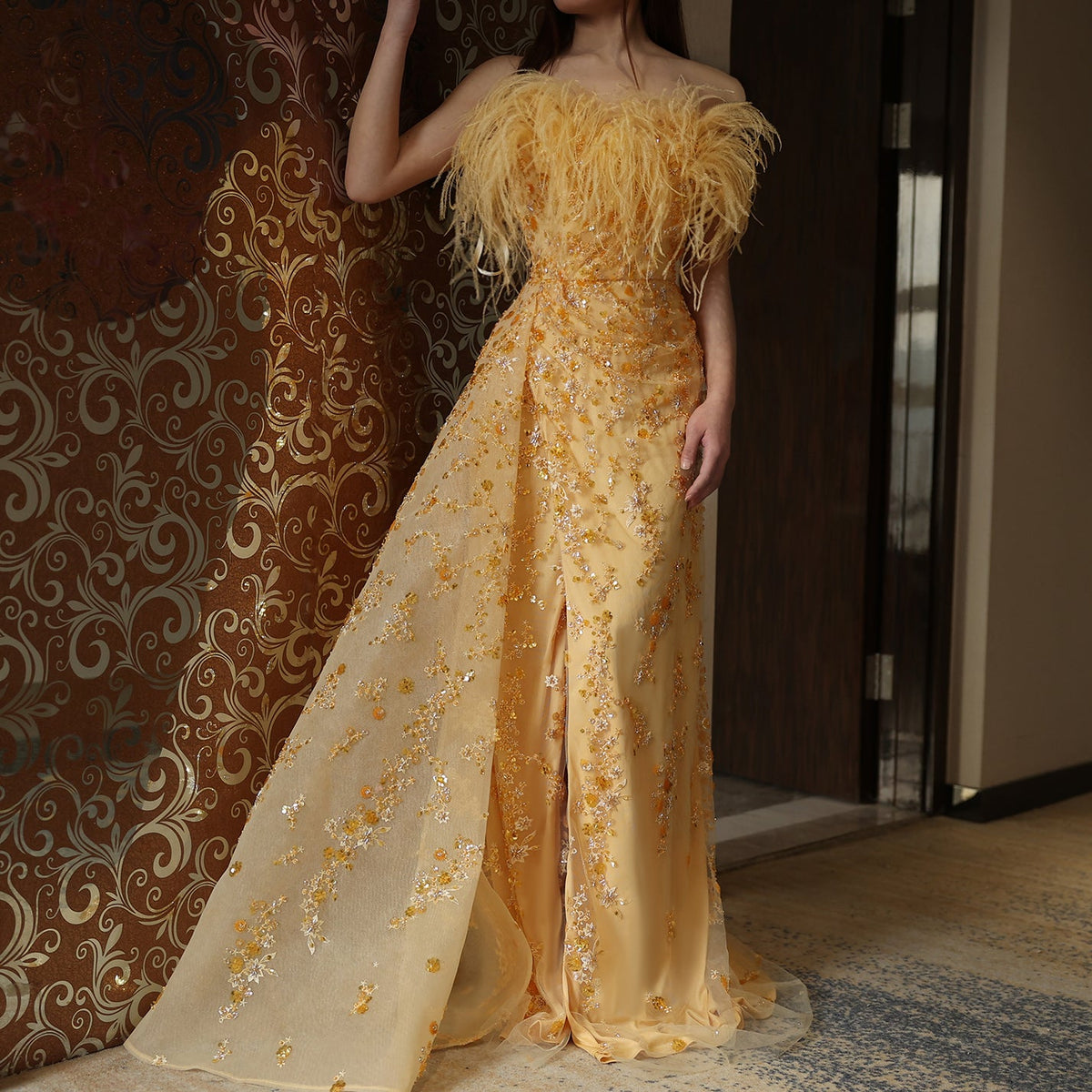 Luxury Feather Yellow Gold Evening Dress with Overskirt SS442
