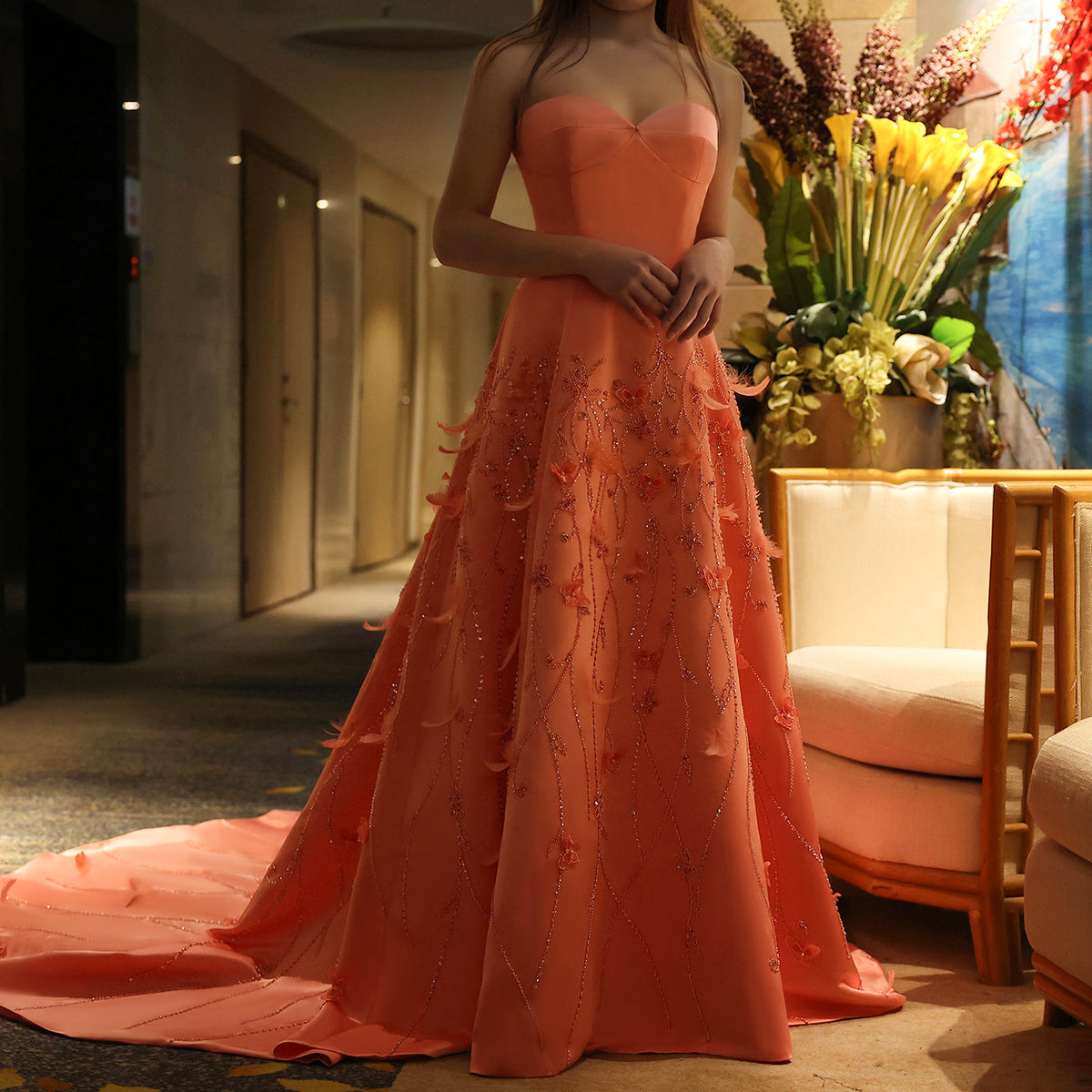 Luxury Feathers Coral Pink Beaded A-Line Evening Dresses SS470