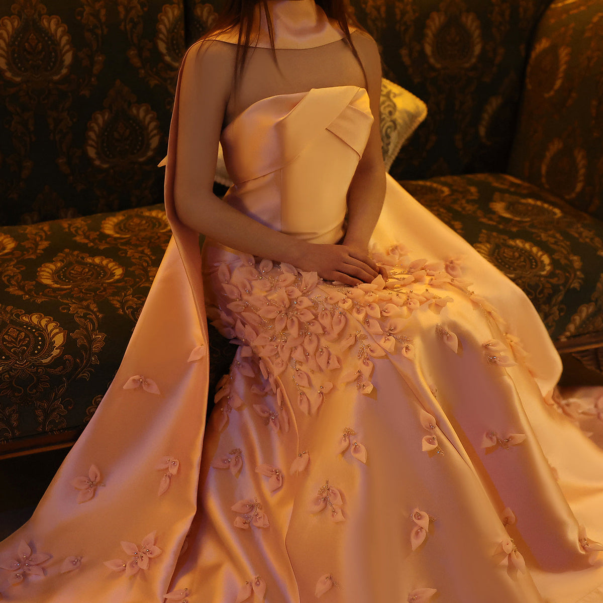 Luxury 3D Leaves Blush Pink Mermaid Evening Dress with Cape SS463