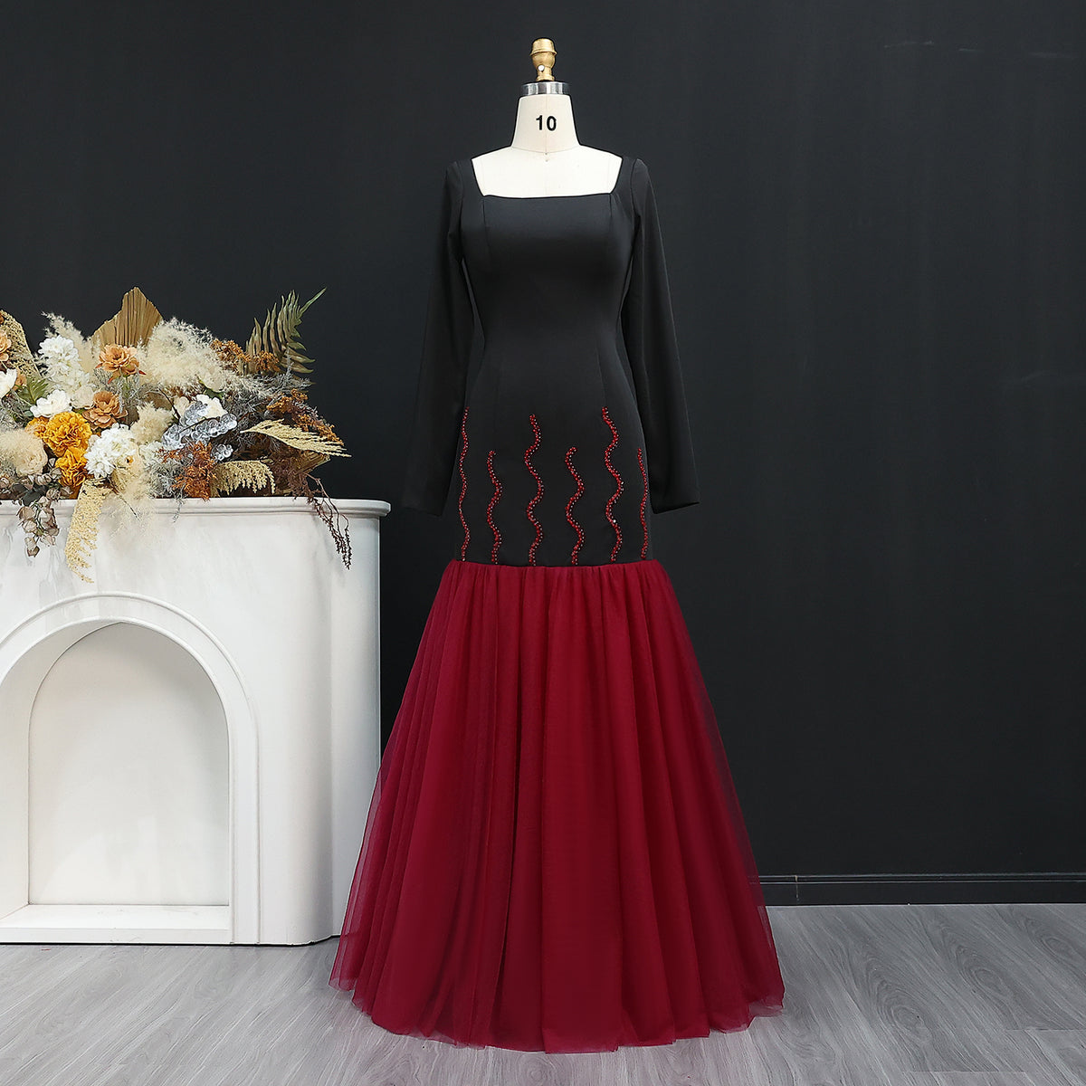 Luxury Beaded Black&Wine Red Square Mermaid Evening Dress SF209