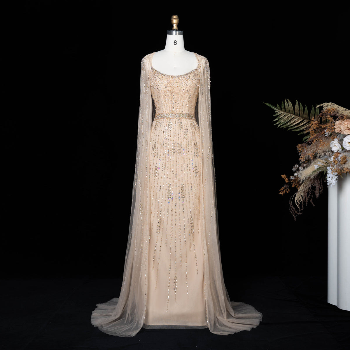 Luxury Beaded Champagne Evening Dress with Cape SS590