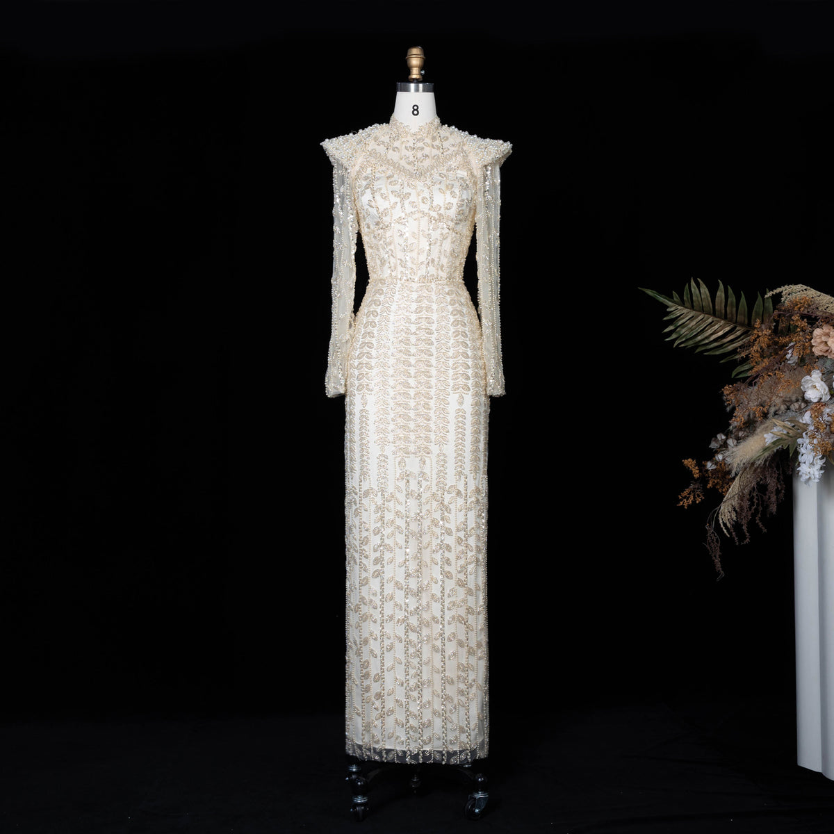 cream evening dress long Luxury Cream Heavy Beaded Train Evening Dress with Cape SS486
