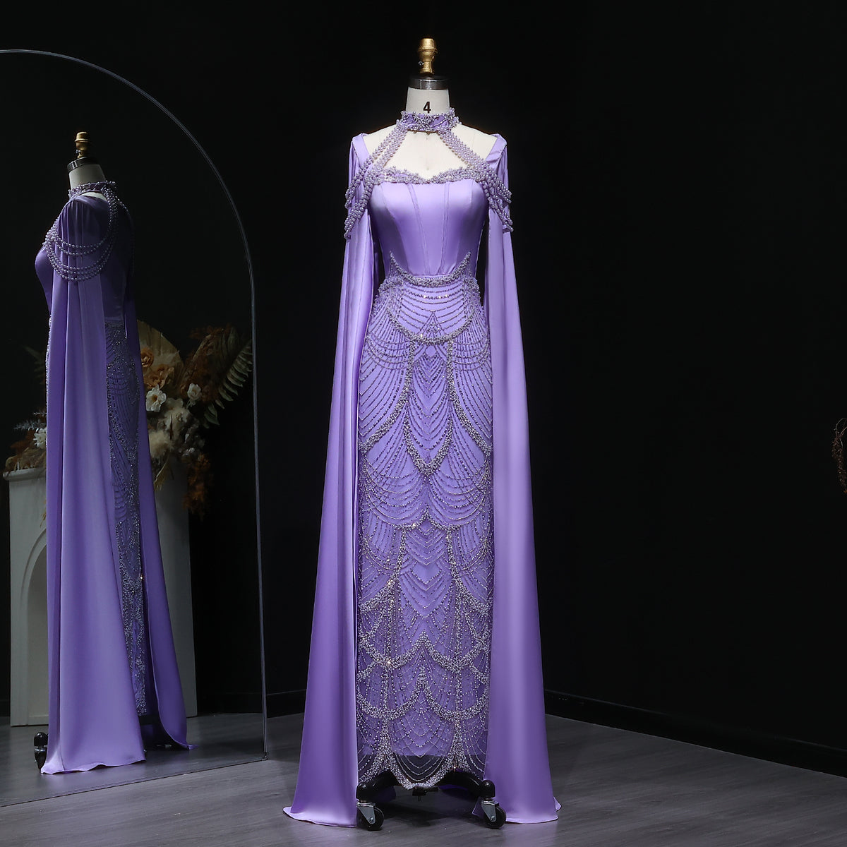Luxury Pink Beaded Evening Dress with Cape Sleeves SS662
