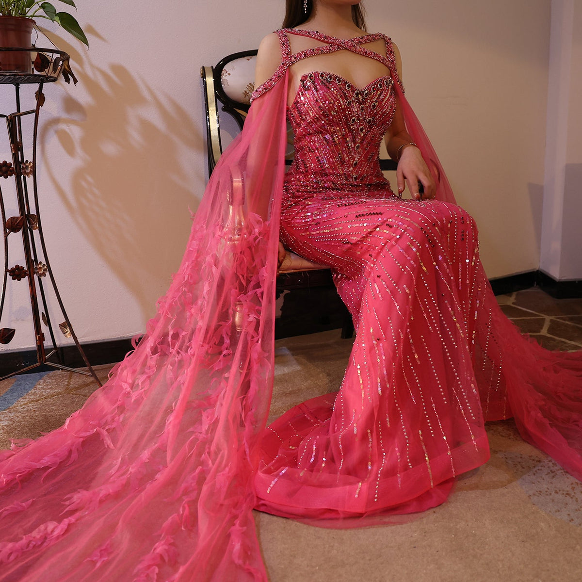 Luxury Crystal Fuchsia Evening Dress with Cape Sleeves SS468