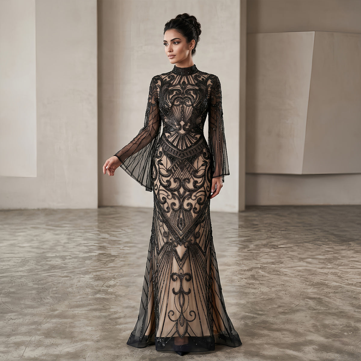 luxurious black evening dress Luxury Evening Gown Black Fur L / Black / Lace