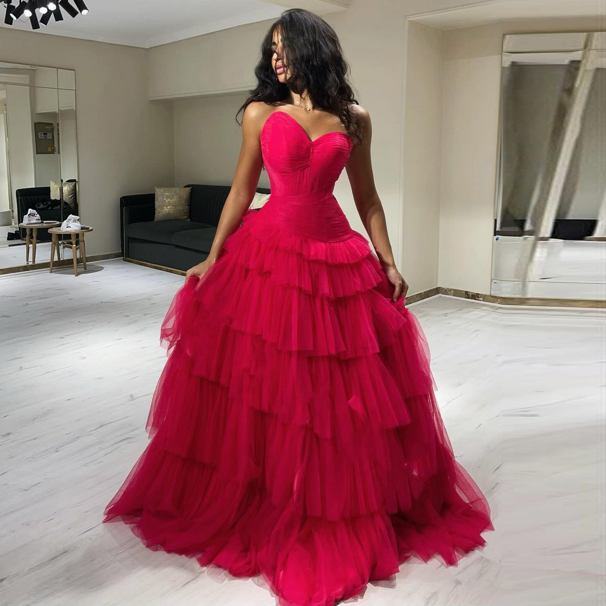 Elegant Hot Pink A-Line Tiered Lace Evening Dress SF214
