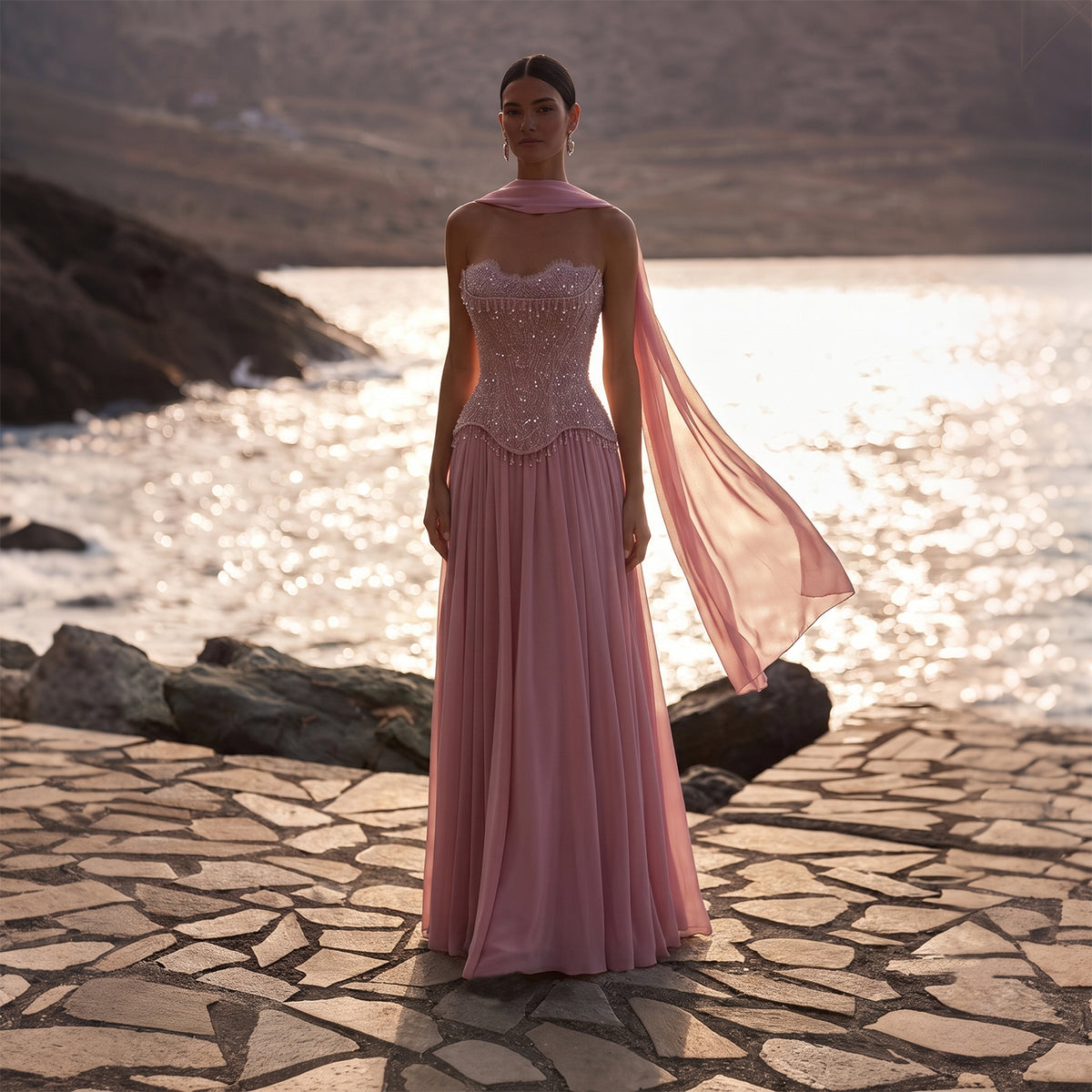 Luxury Pink Sweetheart Beaded Chiffon Evening Dress with Scarf SS434