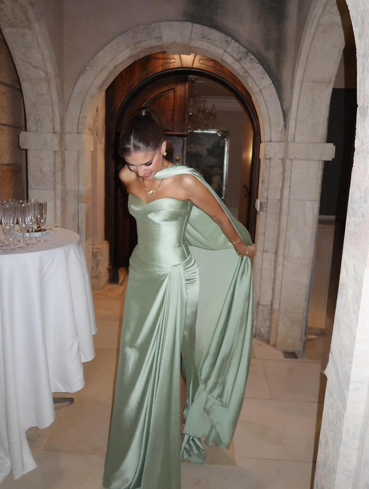 spearmint green satin dress Mint Green Satin Long Gown With Embellished Sequin Bustier And Knot Wa