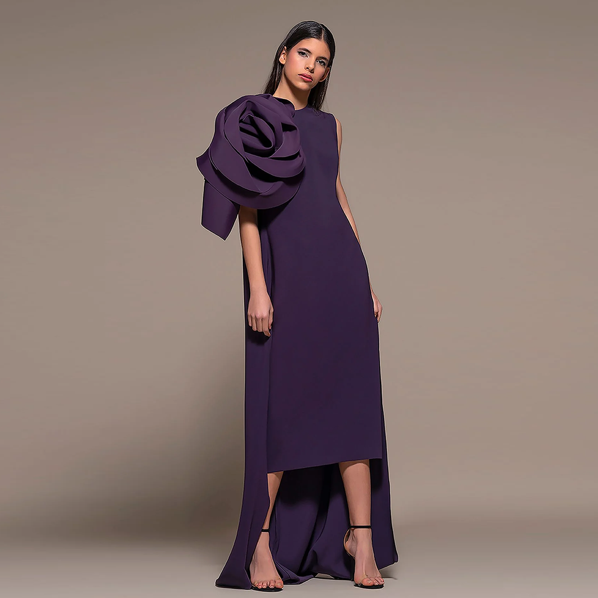 Elegant 3D Flower Purple Midi Evening Dress with Cape SF067