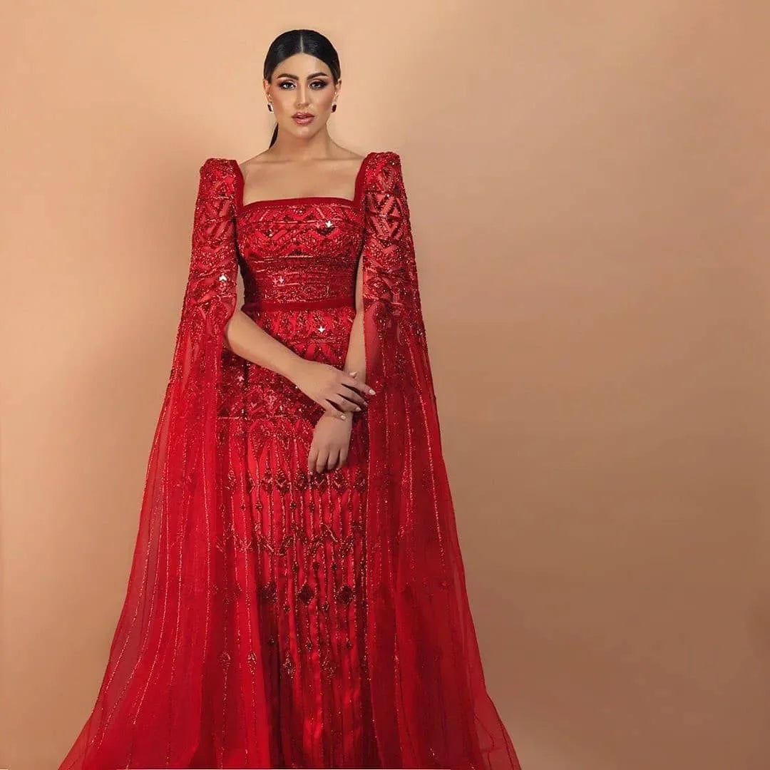 Luxury Wine Red Square Neck Evening Dress with Cape Sleeves SS461