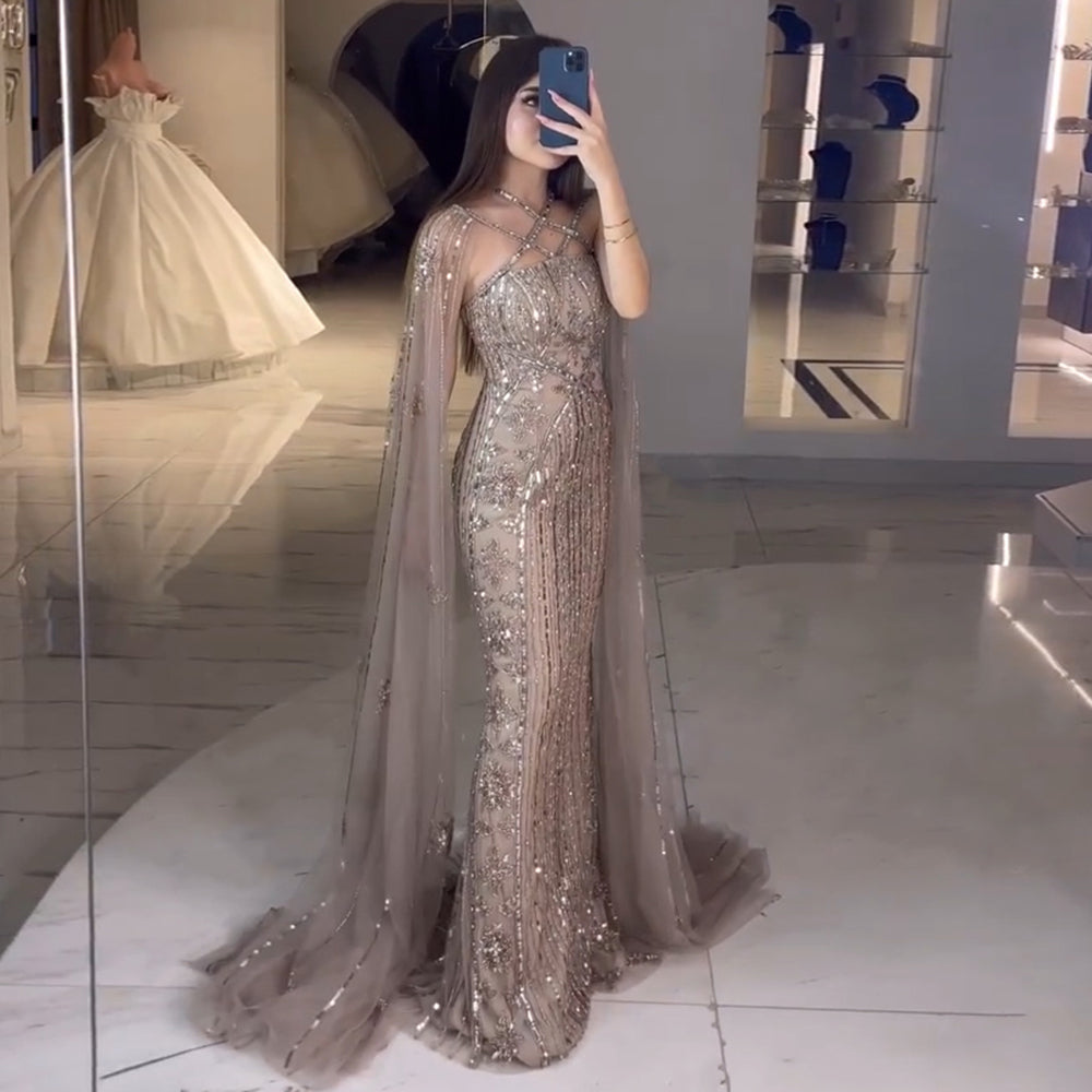 Luxury Champagne Mermaid Evening Dress with Cape Sleeves SS391