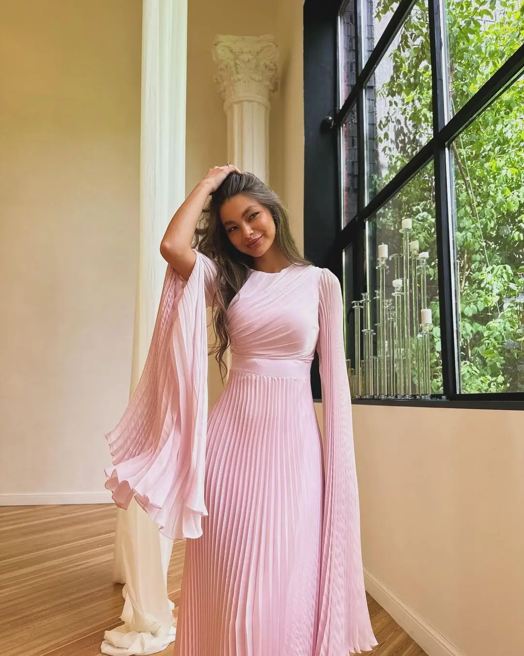 Elegant Pink Chiffon Evening Dress with Cape Sleeve SF070
