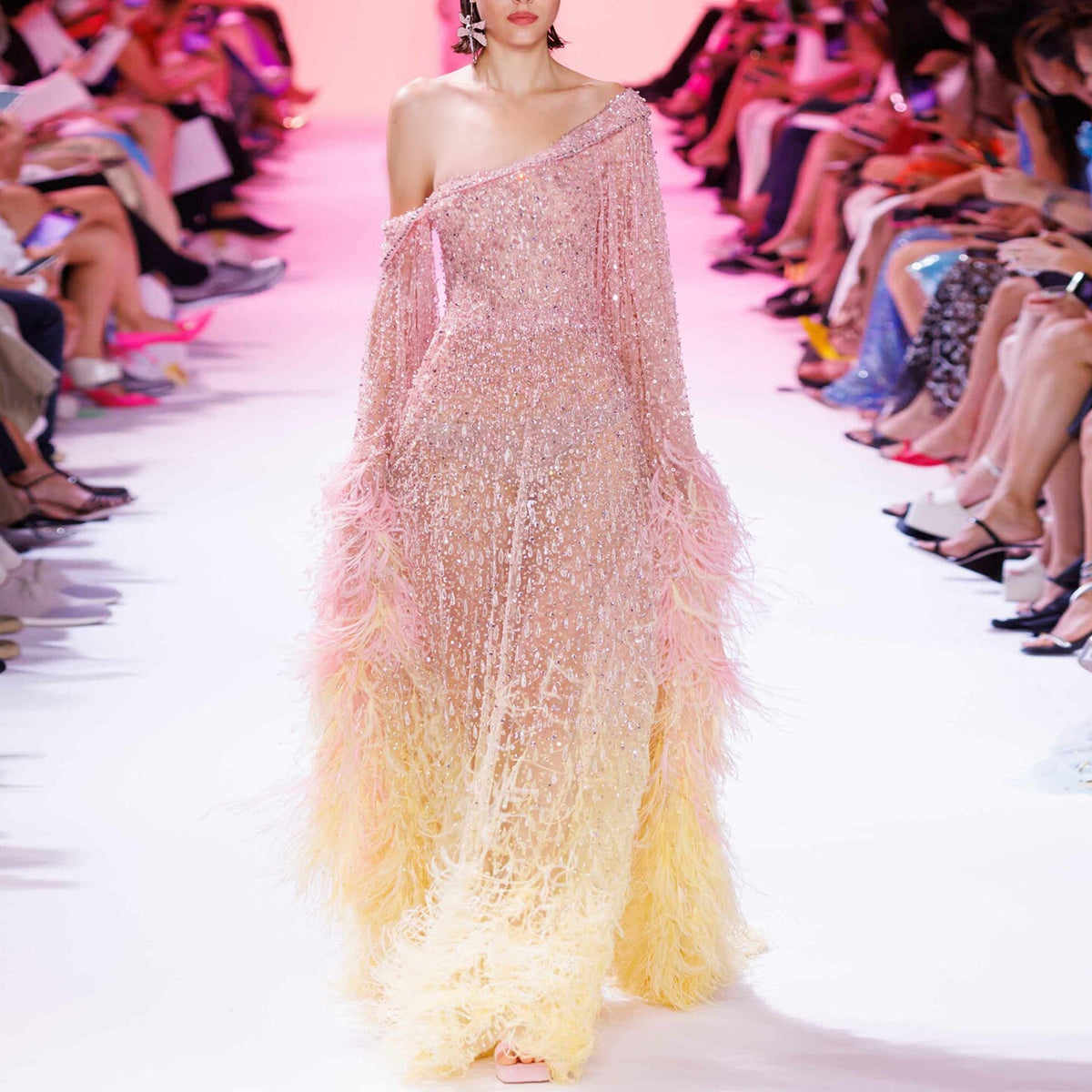 Luxury Feathers Rose Gold Evening Dress with Cape Sleeves SS438