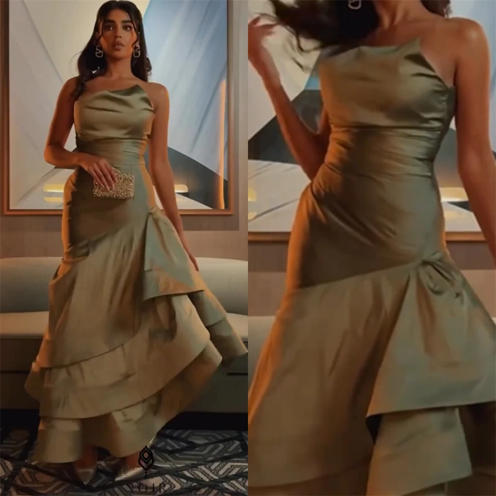 Elegant Olive Strapless Mermaid Midi Evening Dress SF248