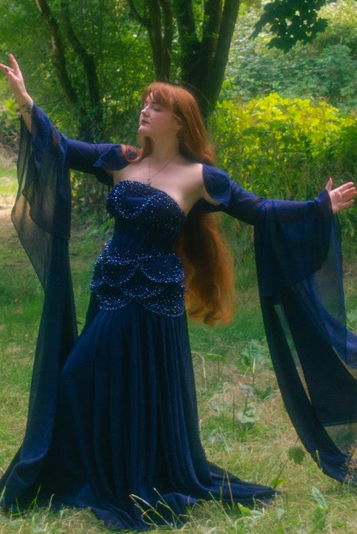Luxury Pearls Tassel Blue and Yellow Evening Dress with Flowing Sleeves SS286