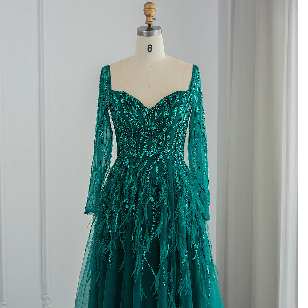 Dreamy Vow Luxury Dubai Feathers Lilac Evening Dresses for Women Wedding Elegant Emerald Green Arabic Formal Party Gowns 351